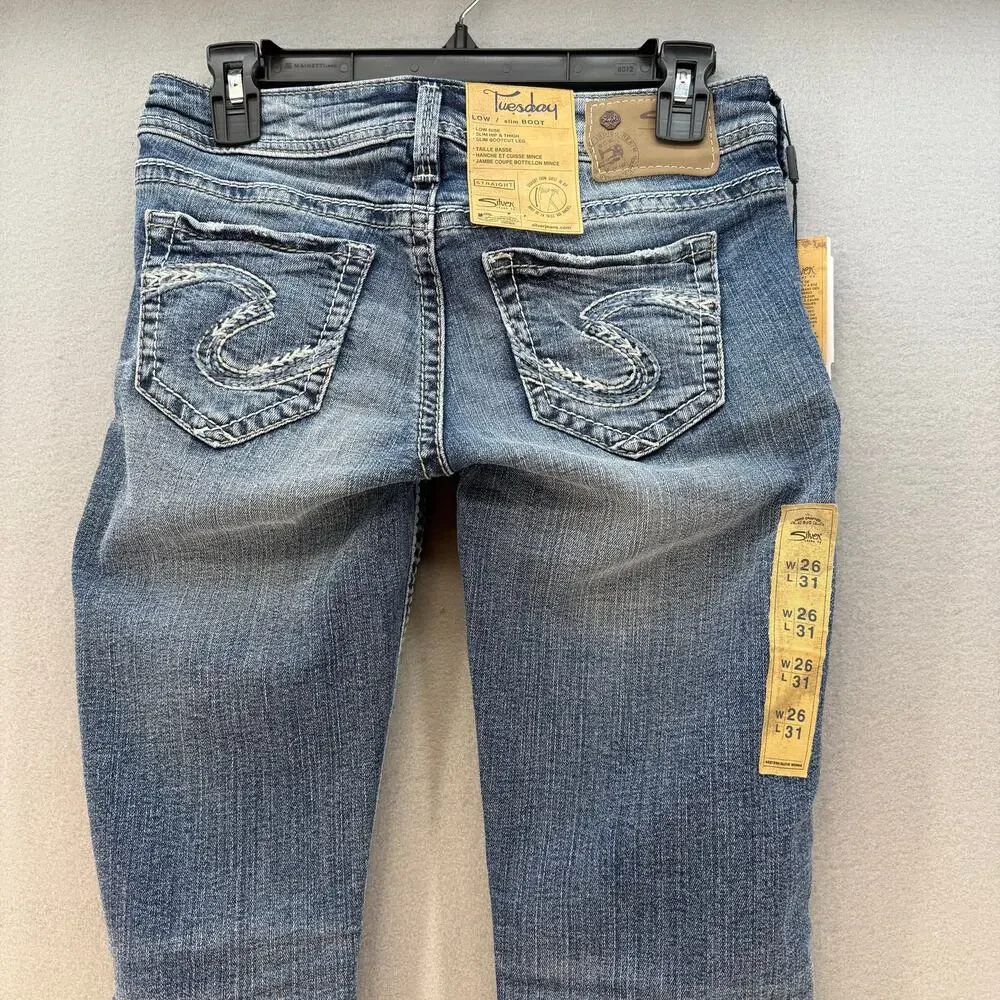 Silver Jeans Women's 26x31 (2) Blue Tuesday Fit Low Slim Boot Western NWT - Picture 3 of 14